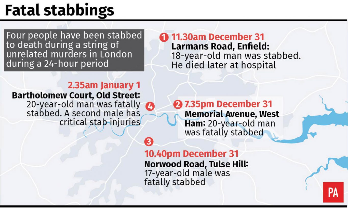 Map locates fatal stabbings in London. 