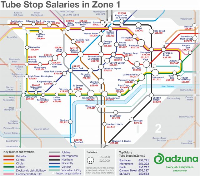 A map showing the highest paid jobs near Tube stations in London (Aduzuna/PA)