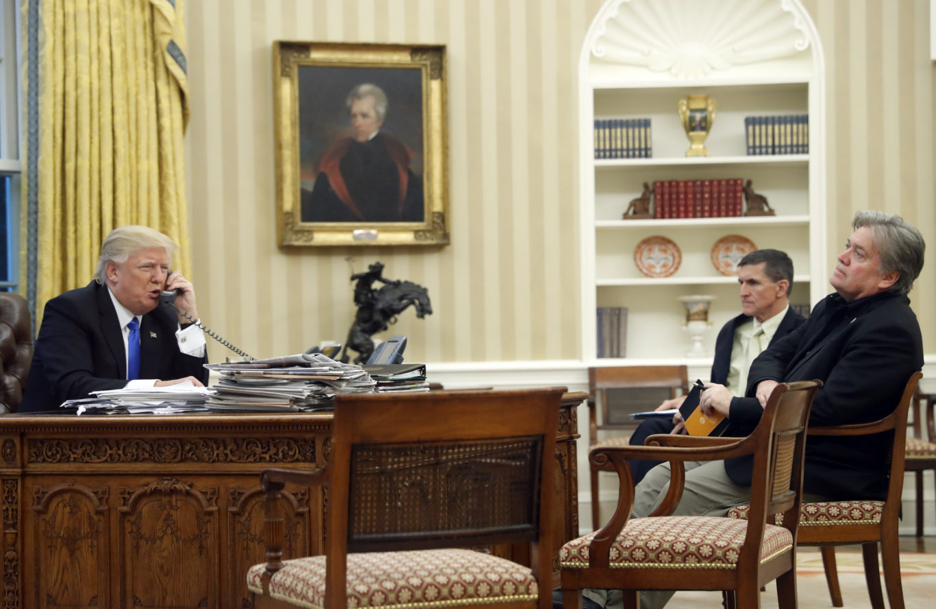 Bannon with President Trump in January last year