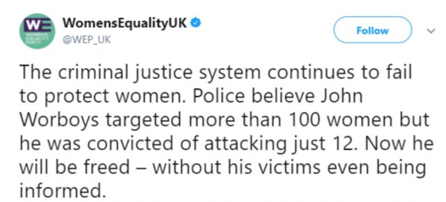 Tweet from Women's Equality UK about the release of John Worboys