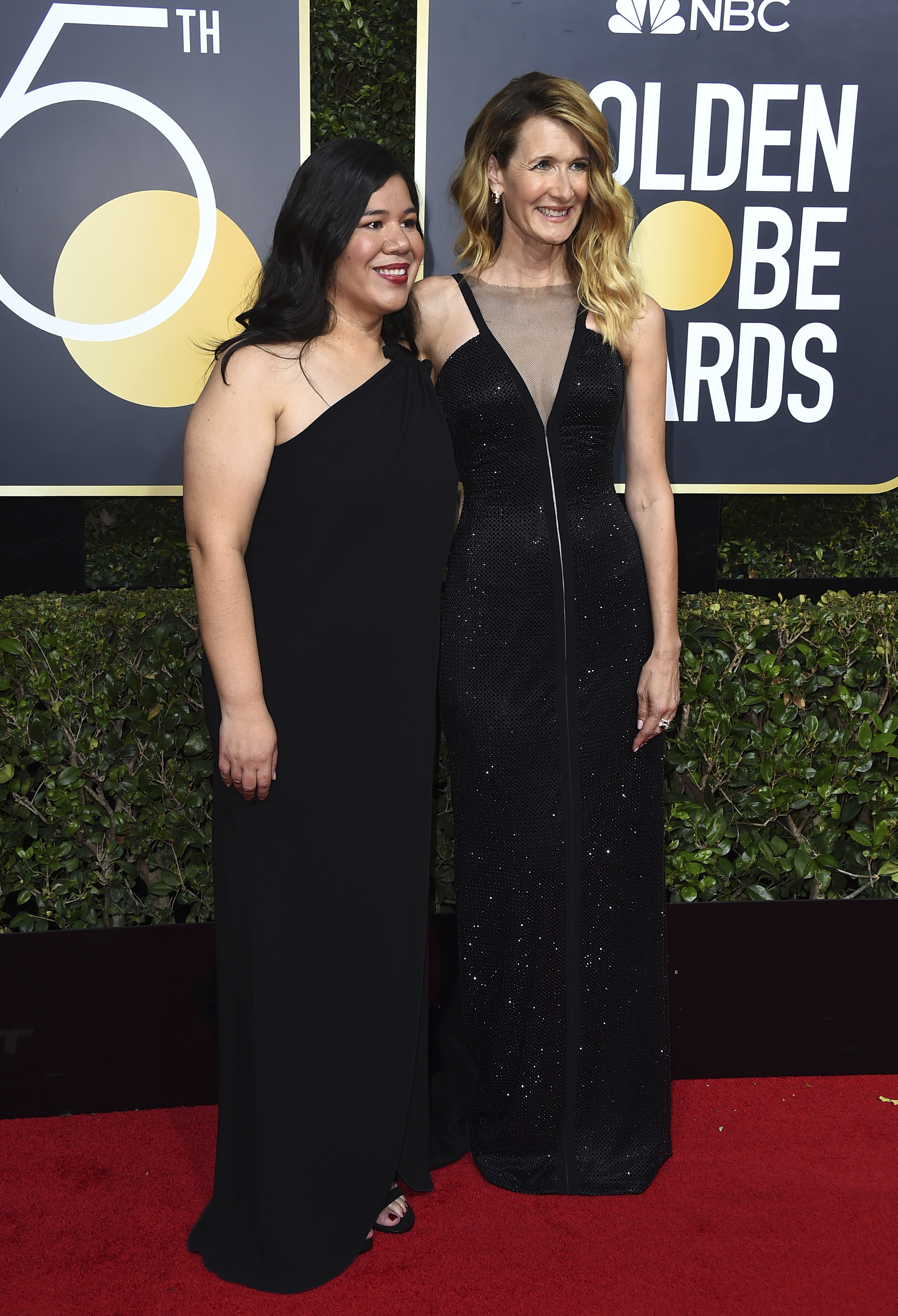 Monica Ramirez, left, and Laura Dern arrive at the 75th annual Golden Globe Awards (Jordan Strauss/Invision/AP)