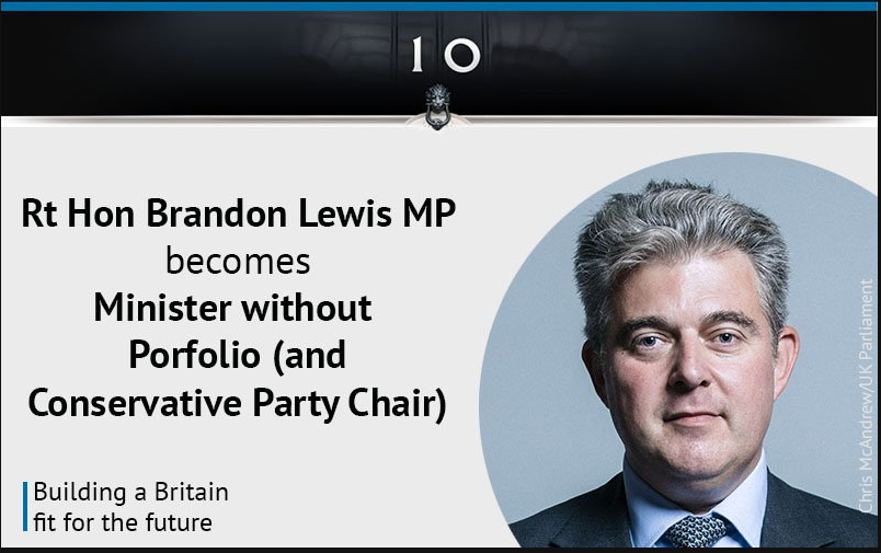 UK Prime Minister Twitter account announces Brandon Lewis appointment with a spelling mistake