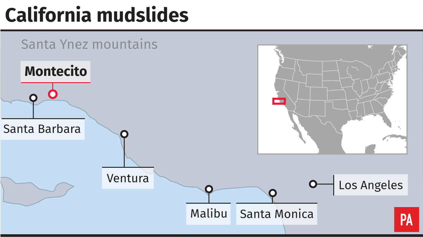 Map showing locations of California mudslides (PA Graphics)
