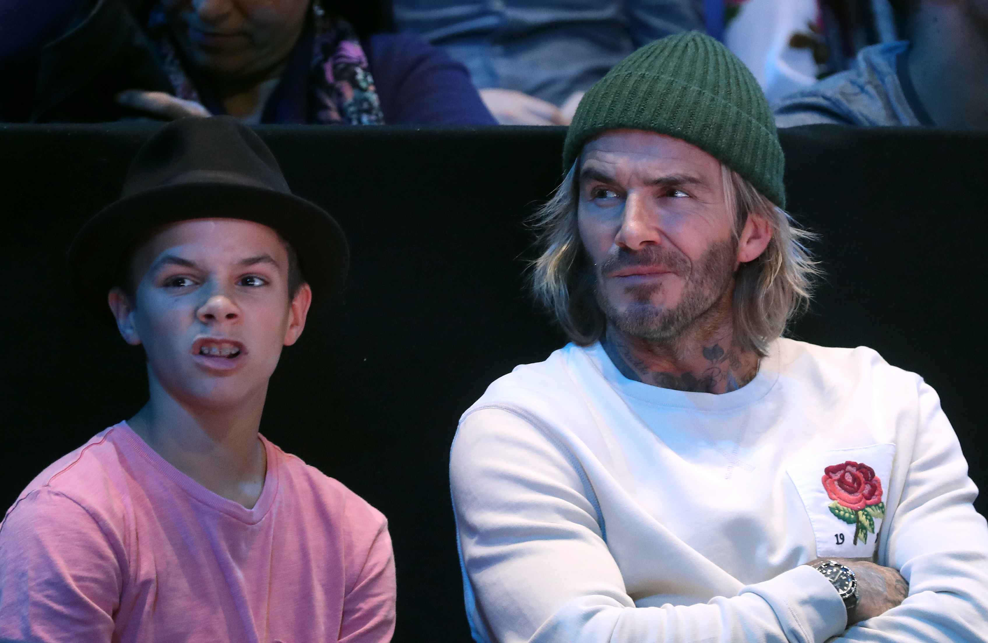(Adam Davy/PA) Romeo Beckham and David Beckham in the crowd during the Men's Single Final during day eight of the NITTO ATP World Tour Finals at the O2 Arena, London