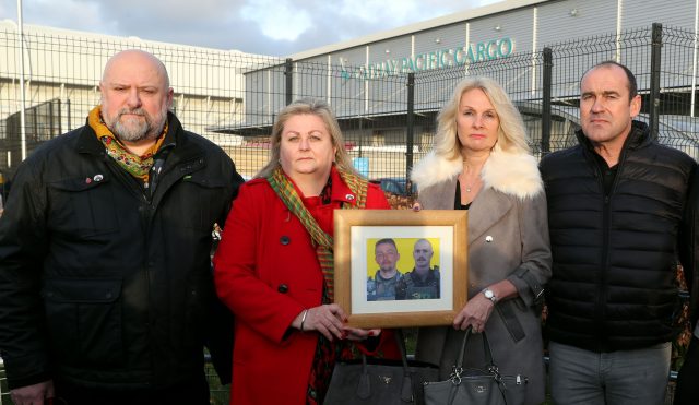 Peter Holmes and Angie Blannin, left, parents of Jac Holmes, and Jane and Gary Lyndon, right, mother and stepfather of Ollie Hall (Steve Parsons/PA)