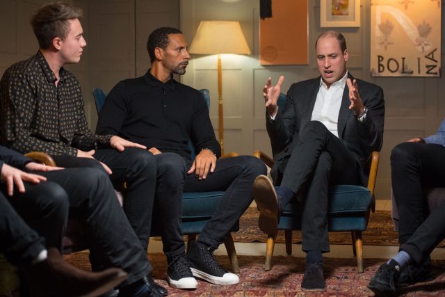 William with Rio Ferdinand, centre, and Roman Kemp during a visit to meet staff, volunteers, and supporters of Campaign Against Living Miserably in London (Dominic Lipinski/PA)