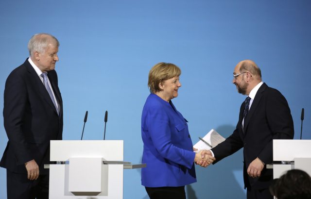 Bavarian governor Horst Seehofer,  Angela Merkel and Martin Schulz 