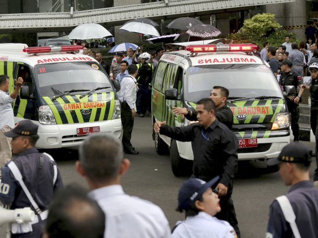 Ambulances outside the Jakarta Stock Exchange tower