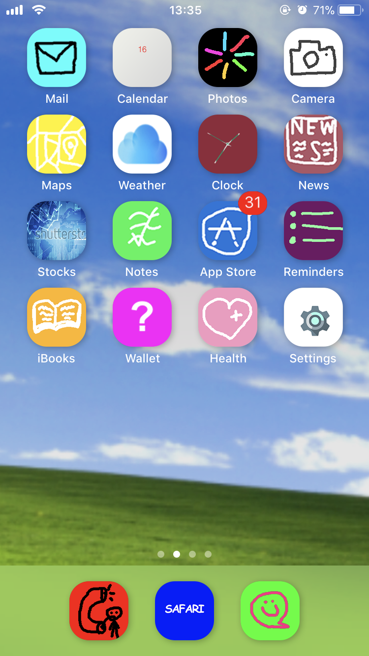 The iPhone home screen with badly designed new icons and the Windows XP background