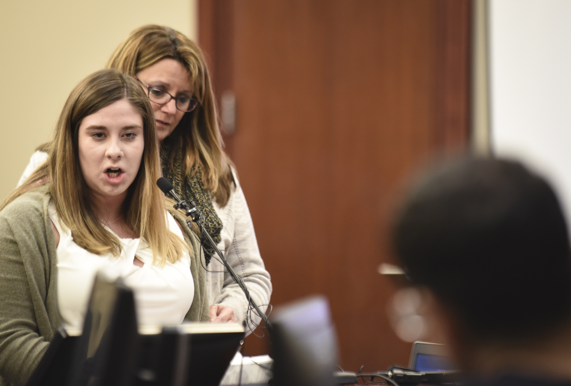 Alexis Alvarado confronts Dr Larry Nassar during her victim impact statement in court (Matthew Dae Smith/Lansing State Journal via AP)