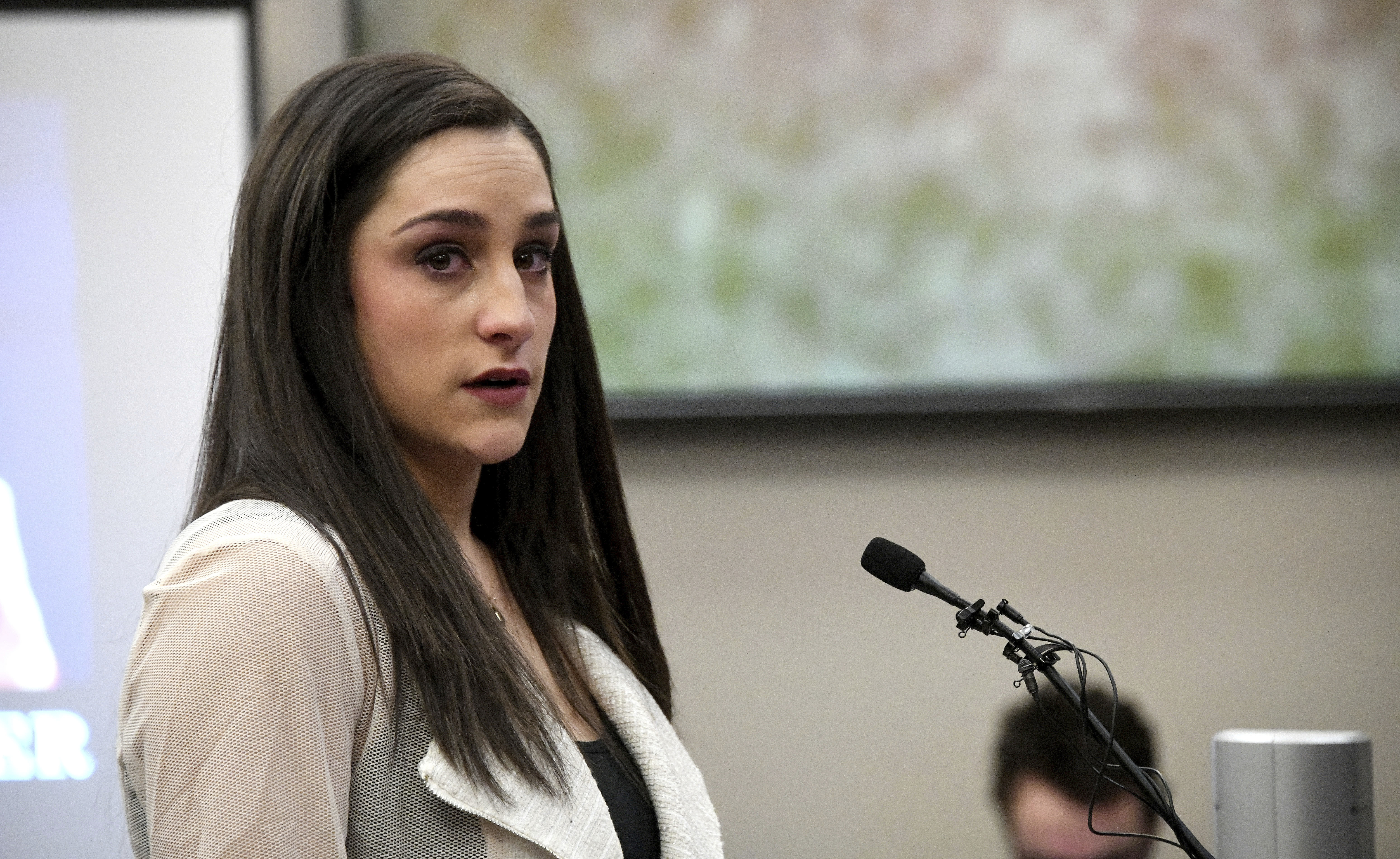 Jordyn Wieber gives her victim impact statement in Lansing, Michigan (Dale G Young/Detroit News via AP)