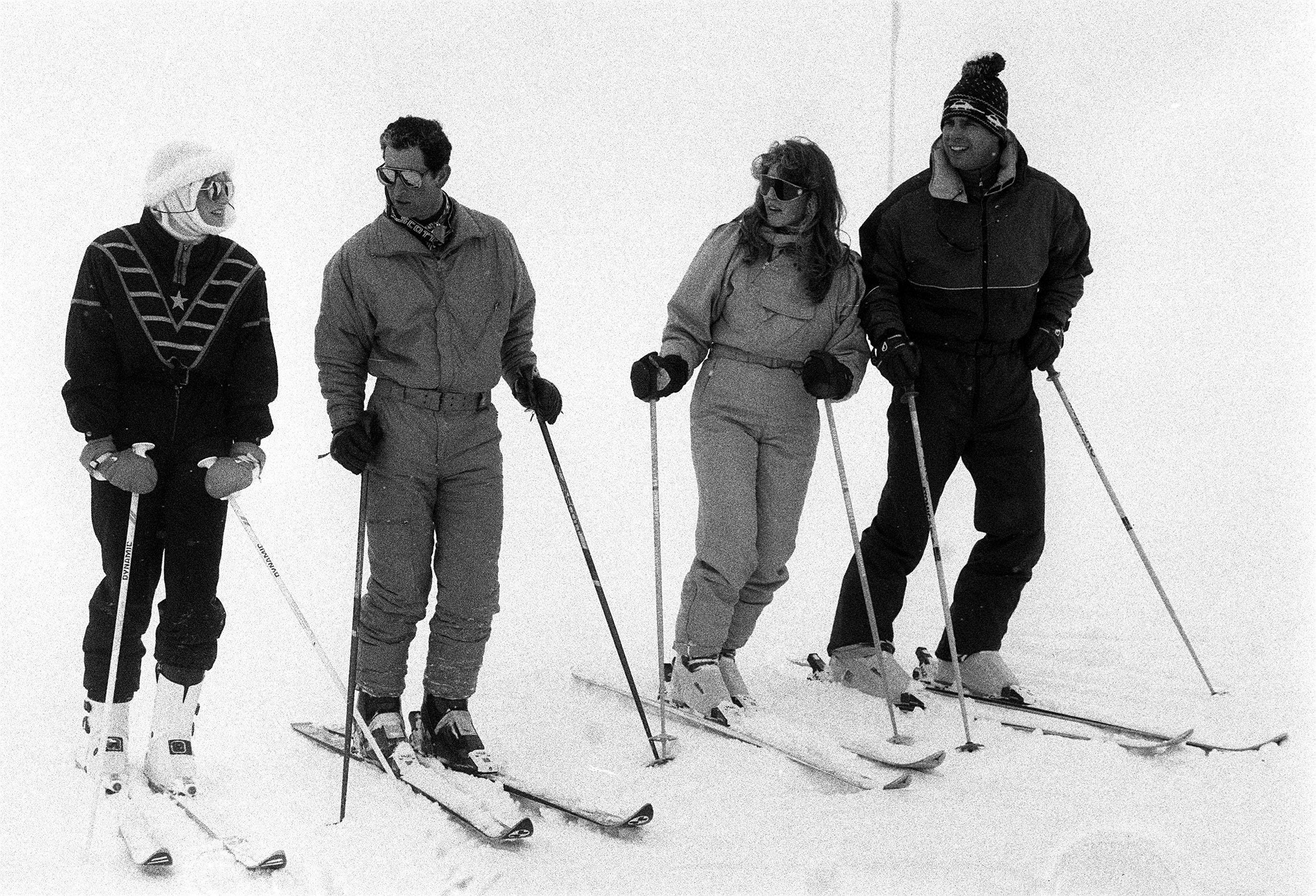 The Royal skiing party pose for photographers on a Swiss mountainside, 1100 feet above the winter resort of Klosters, marking the start of their annual holiday. (l/r) The Princess and Prince of Wales, the Duchess and Duke of York. (Ron Bell/PA)