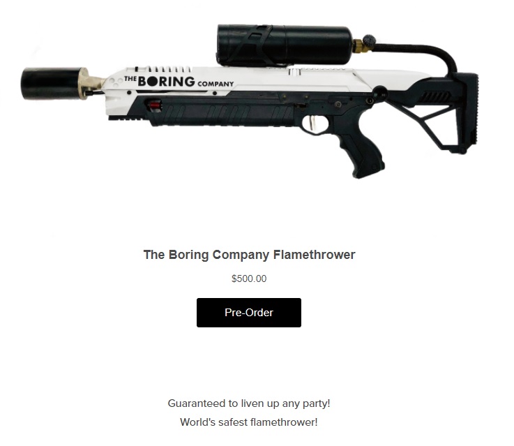 Picture of the flamethrower with The Boring Company logo, pre-order button and $500 price tag