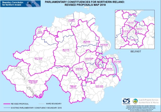 New electoral boundaries overlaid on top of an existing constituency map for Northern Ireland 