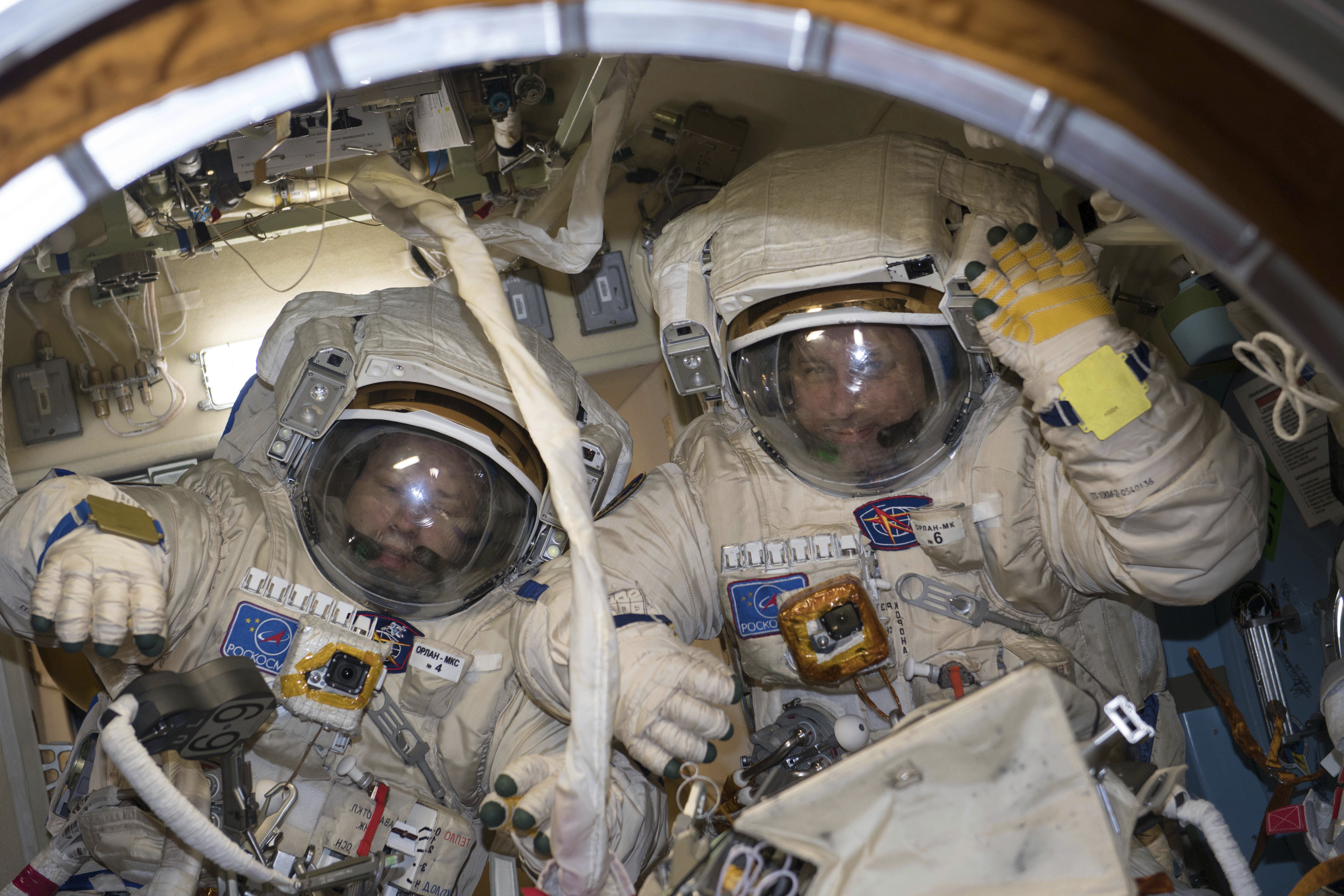 Cosmonauts Alexander Misurkin, left, and Anton Shkaplerov performed the space walk (Nasa/AP)