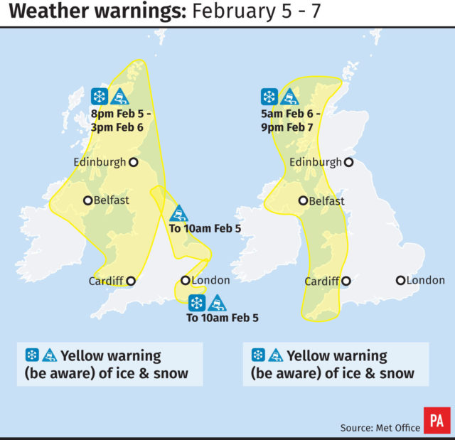 Weather warnings for snow and ice (PA Graphics)