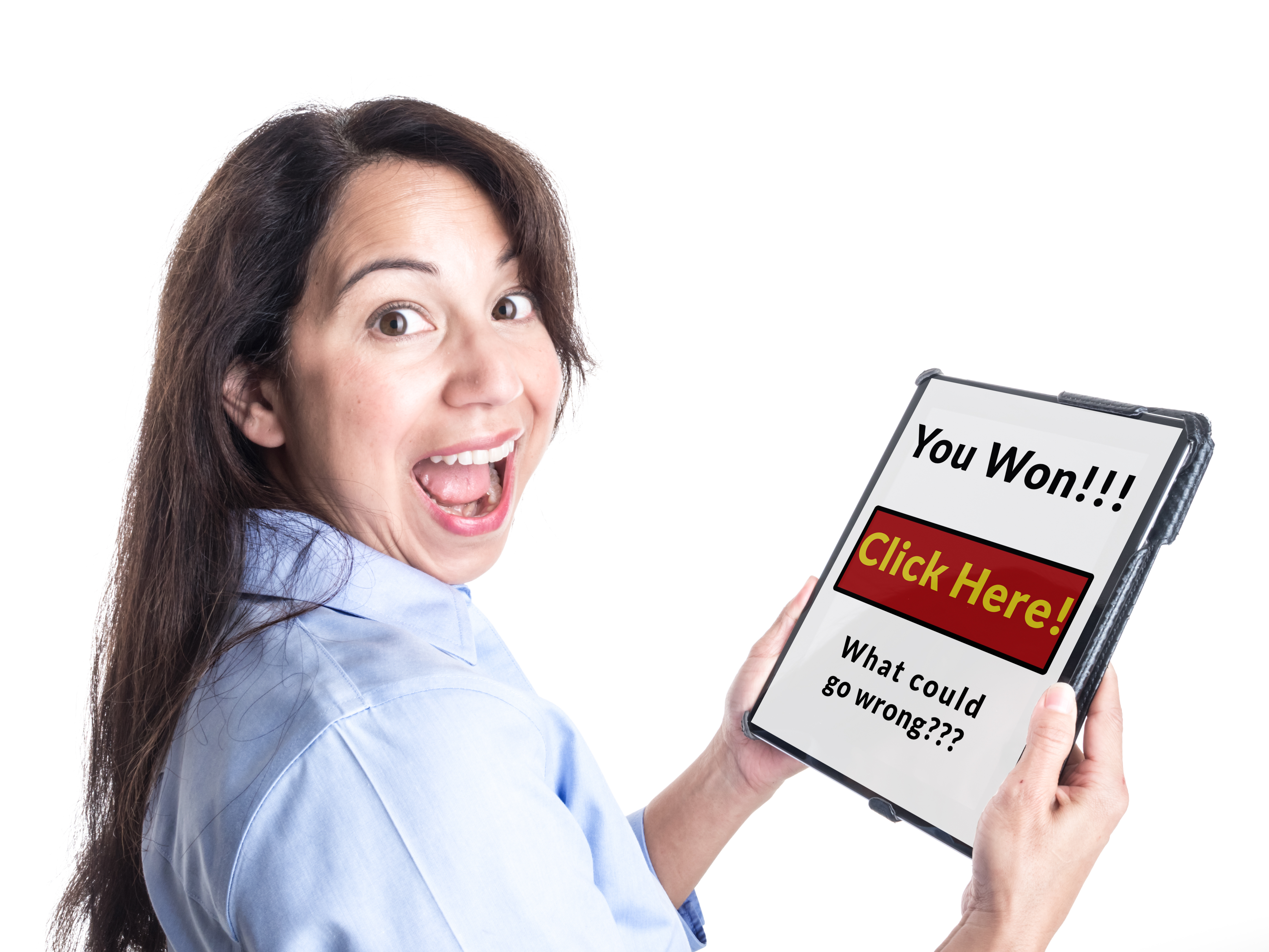 Woman receives a message on her tablet You Won!!! Click here what could go wrong? (Chairboy/Getty Images)