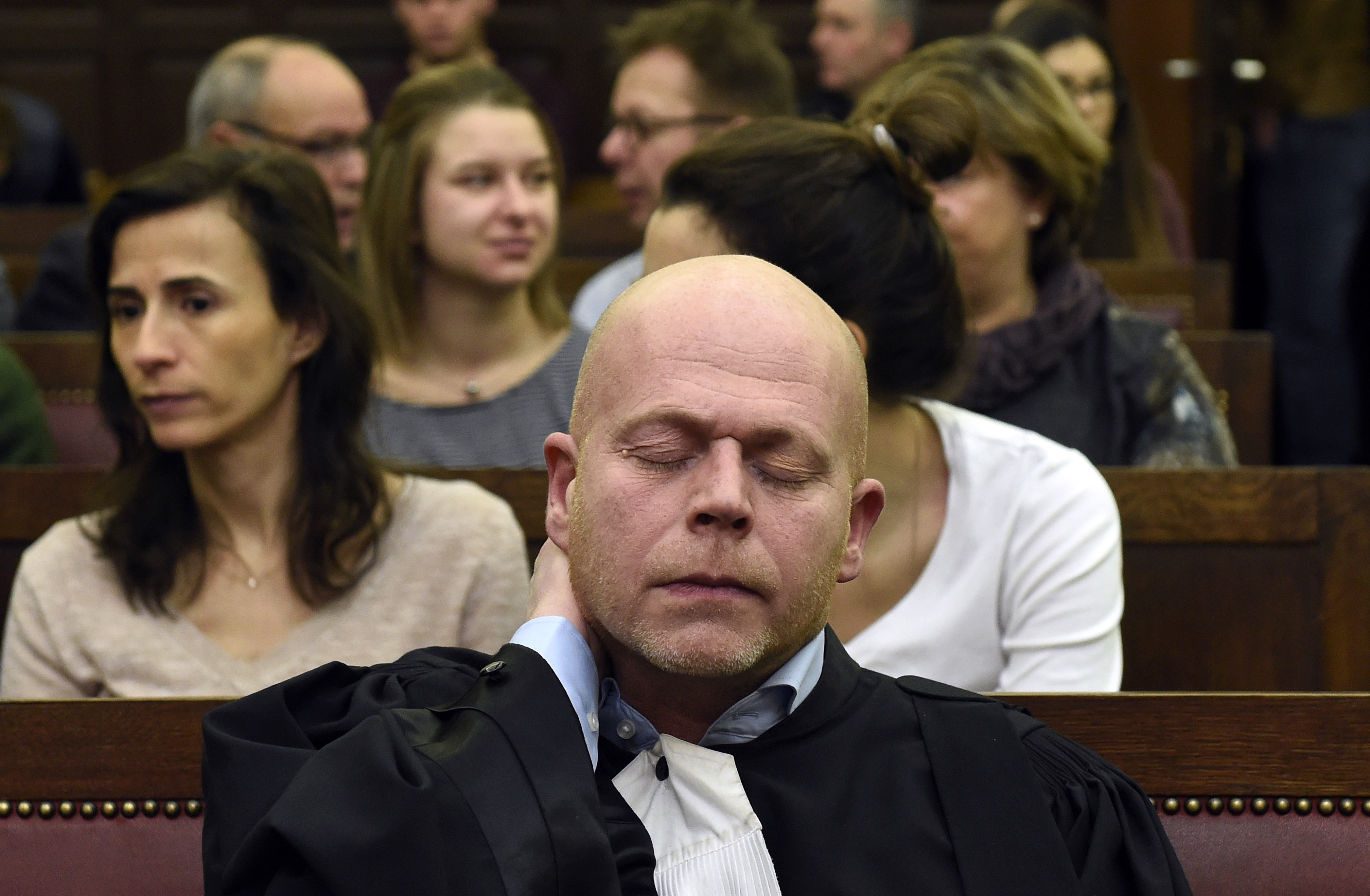 Belgian lawyer Sven Mary attends the second day of the trial (Didier Lebrun, Pool Photo via AP)