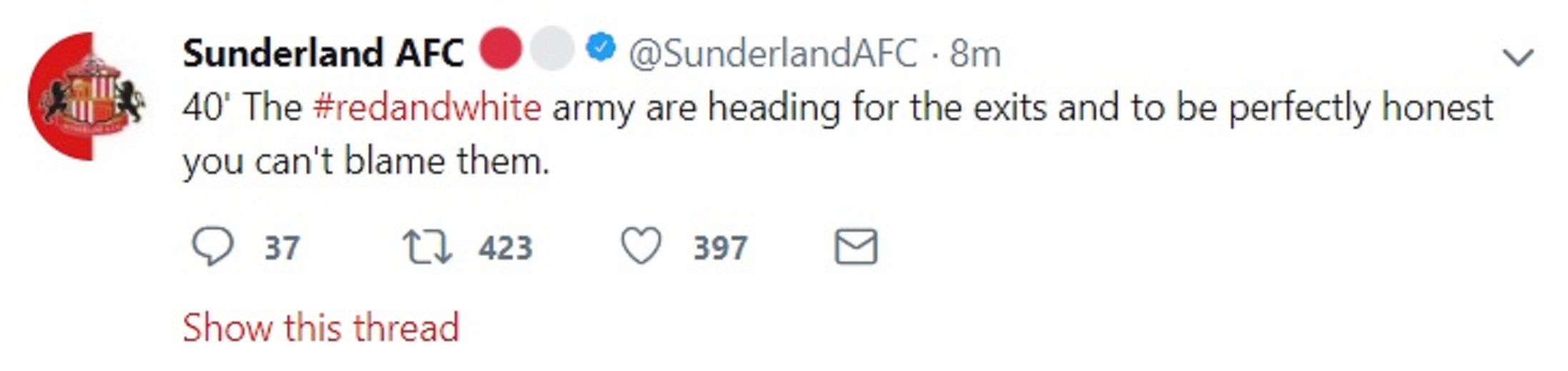 A screenshot of a deleted tweet from Sunderland's Twitter account