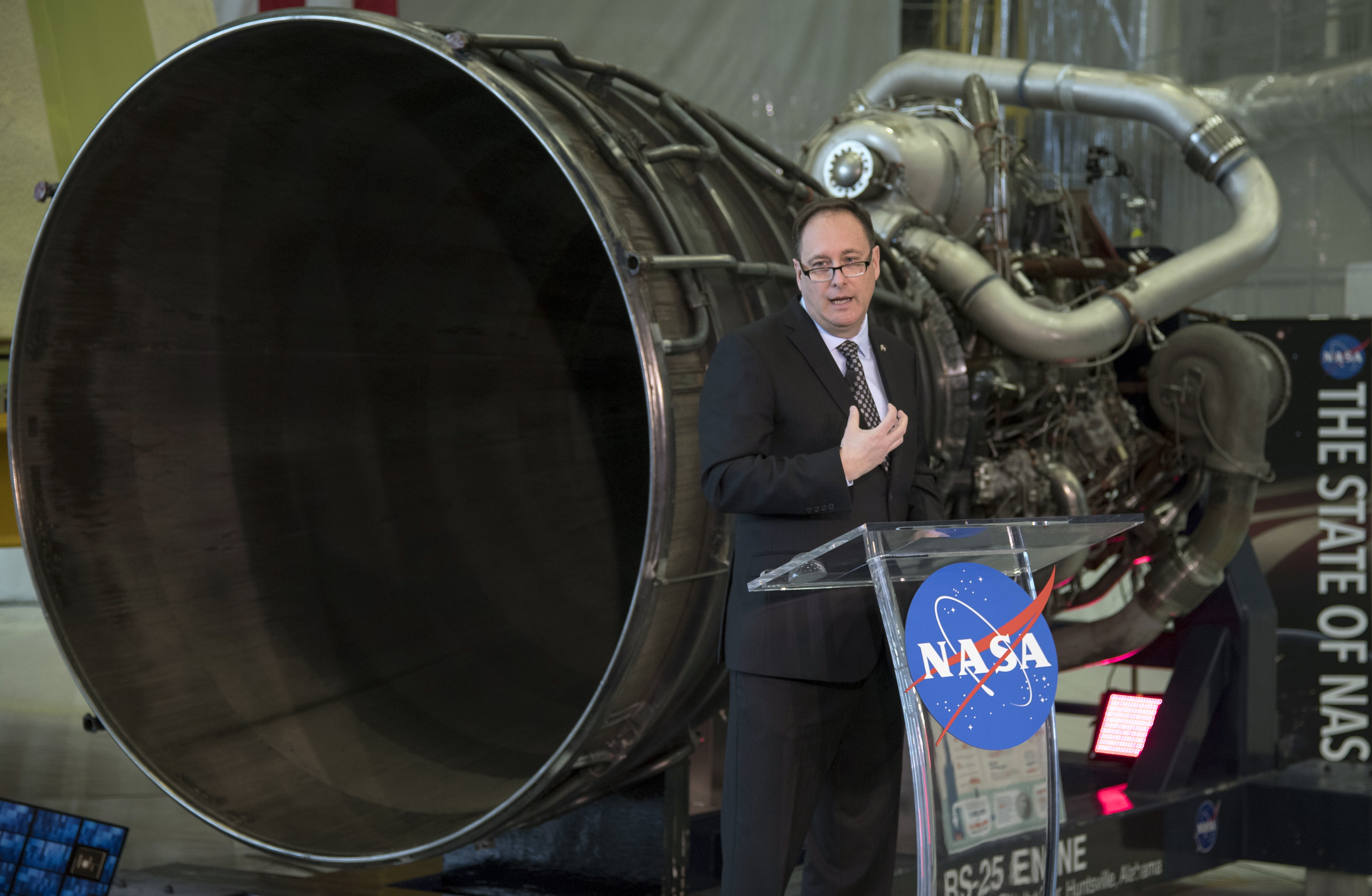 Nasa Administrator Robert Lightfoot discusses the fiscal year 2019 budget proposal during a State of NASA address on Monday at Marshall Space Flight Centre in Alabama (Bill Ingalls/NASA/AP)