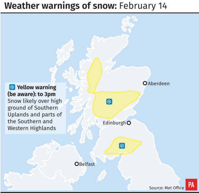 Fresh weather warnings are in place for snow (PA Graphics)