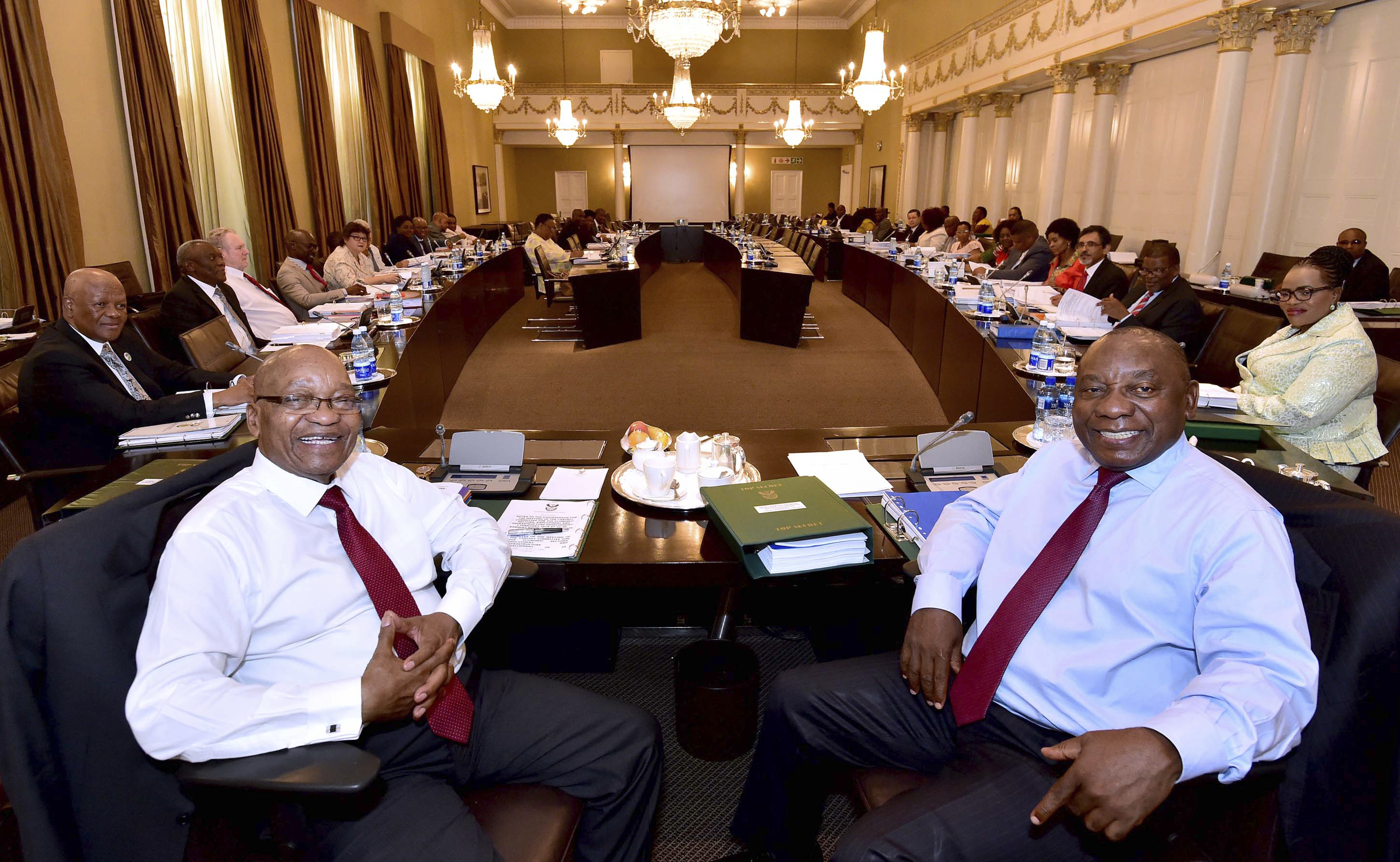 Jacob Zuma and Cyril Ramaphosa with ministers last week (Elmond Jiyane /AP)