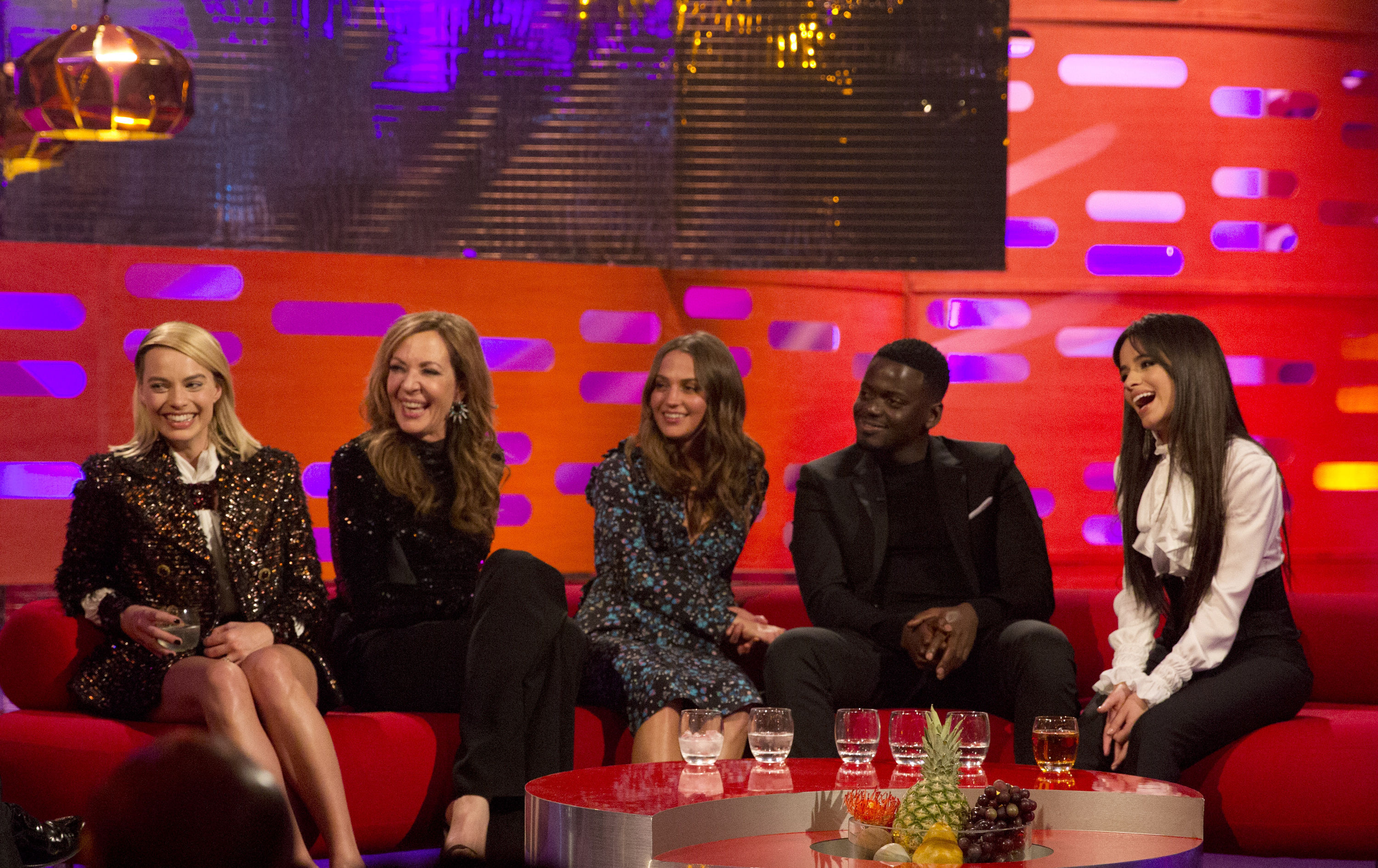 Margot Robbie, Allison Janney, Alicia Vikander, Daniel Kaluuya and Camila Cabello filming The Graham Norton Show (Isabel Infantes/PA)