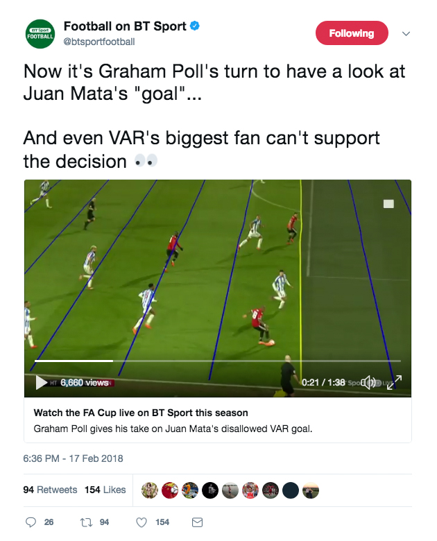 Screen grab taken from the twitter account of Football on BT Sport (@btsportfootball), of the VAR offside lines at John Smith's Stadium.