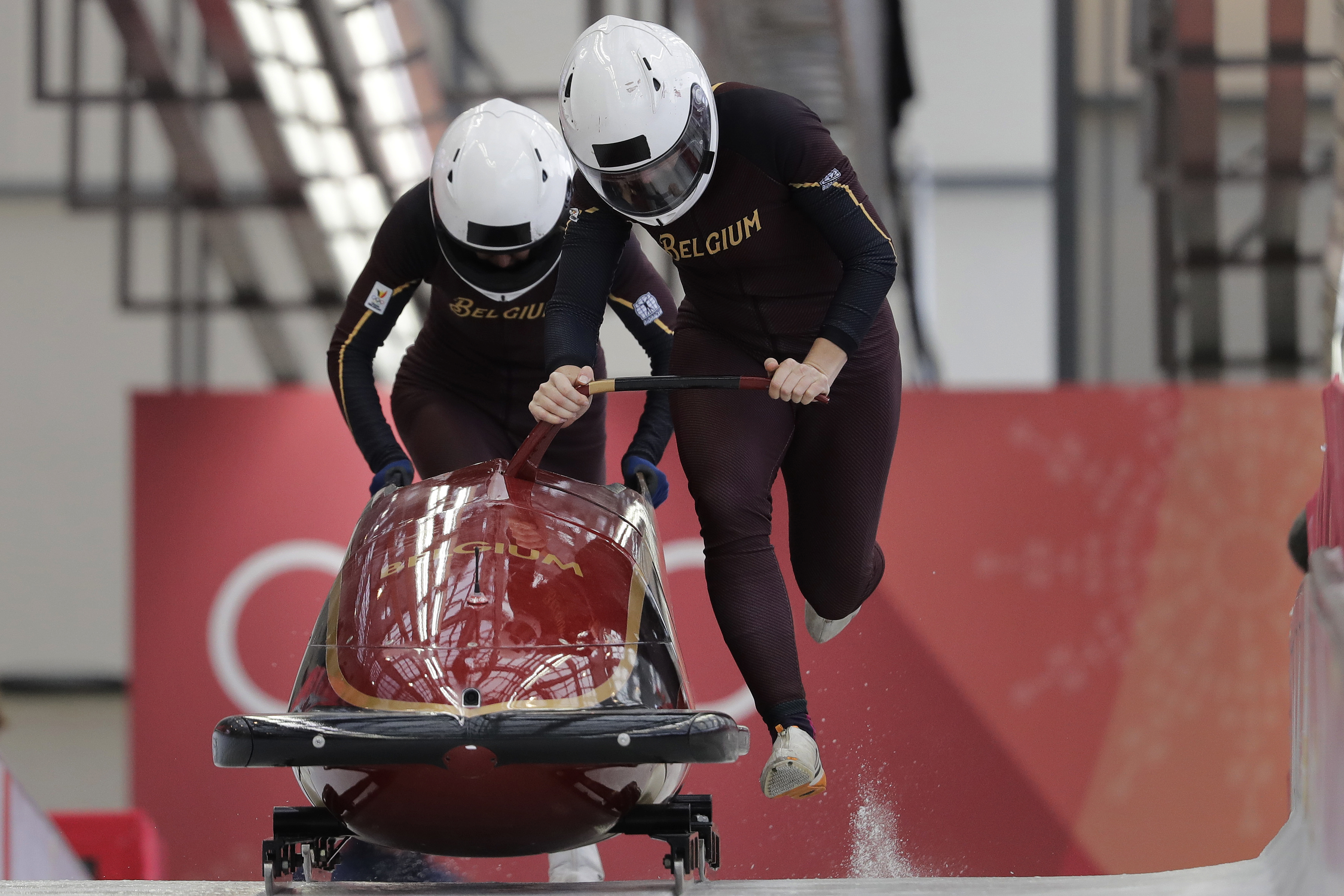 Belgium's Elfje Willemsen and Sara Aerts push off during training in Pyeongchang (Wong Maye-E/AP)