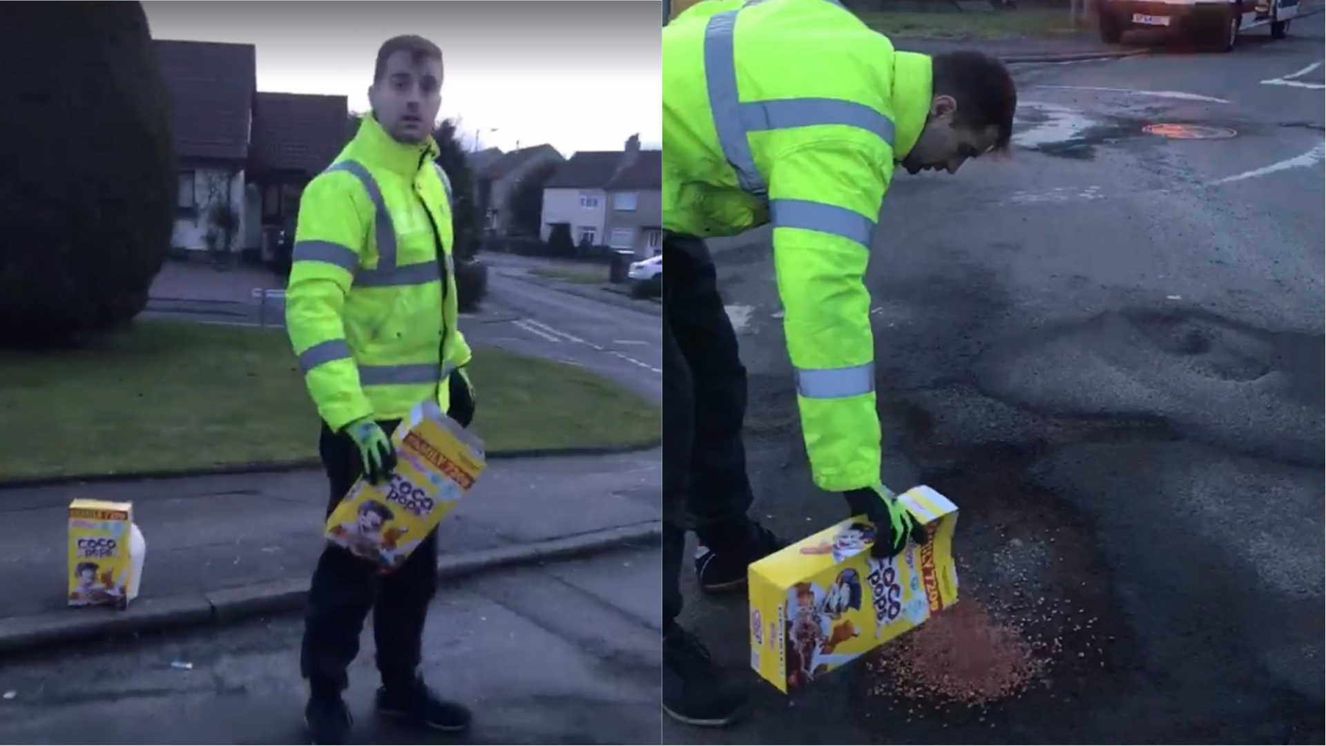 A satirical video shows a man filling potholes with Coco Pops
