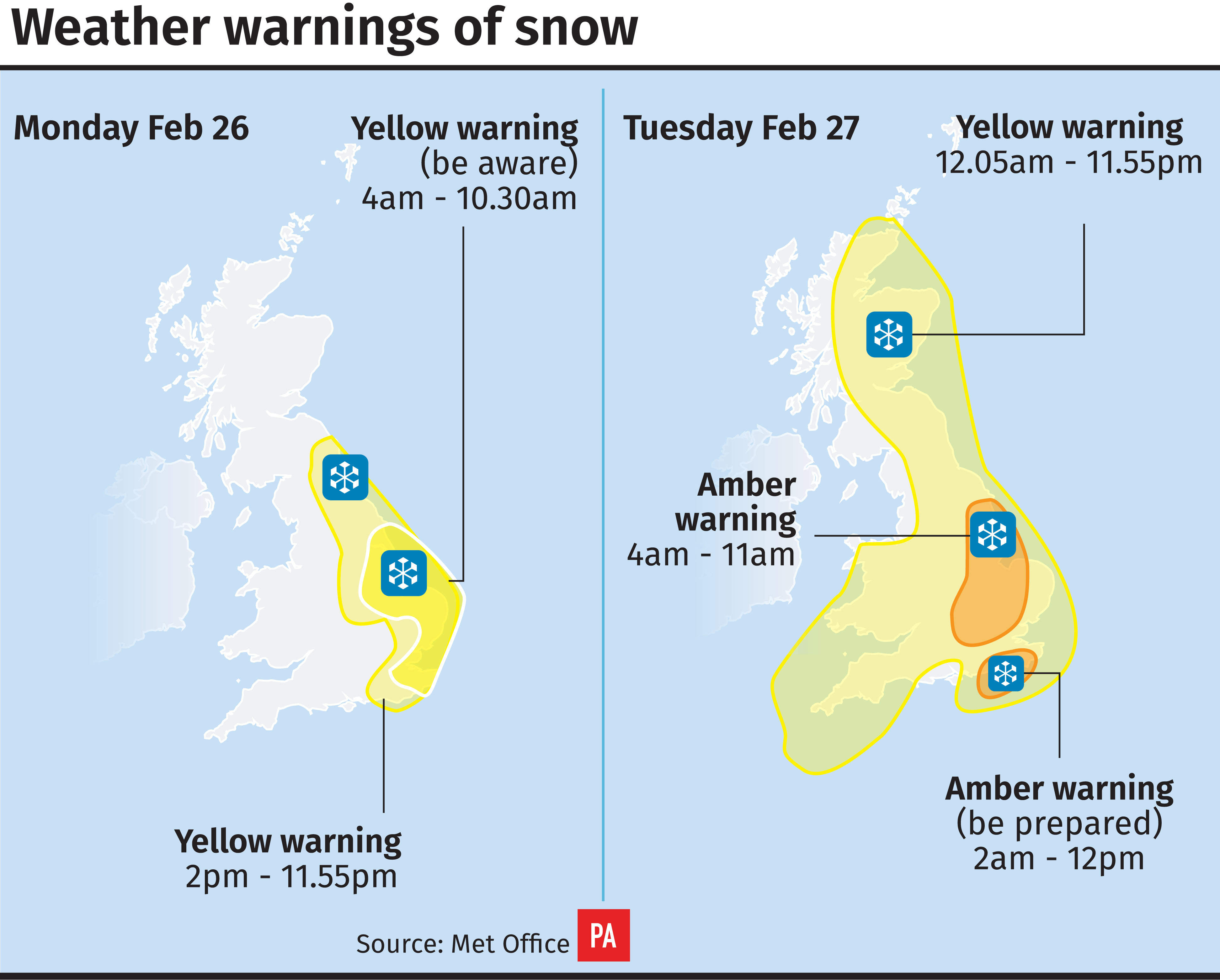 Weather warnings for snow (PA Graphics)