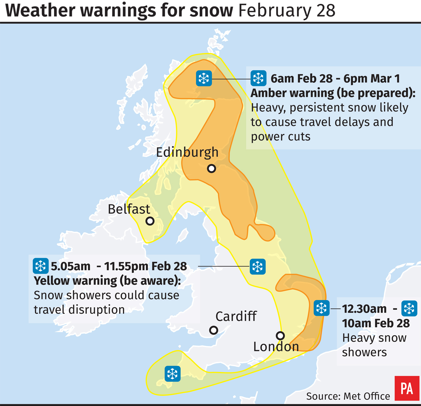Weather warnings for snow (PA Graphics)