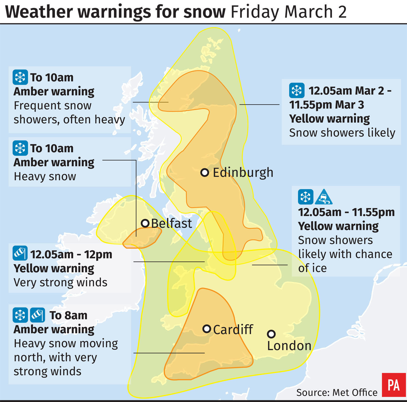 Weather warnings for snow (PA Graphics)