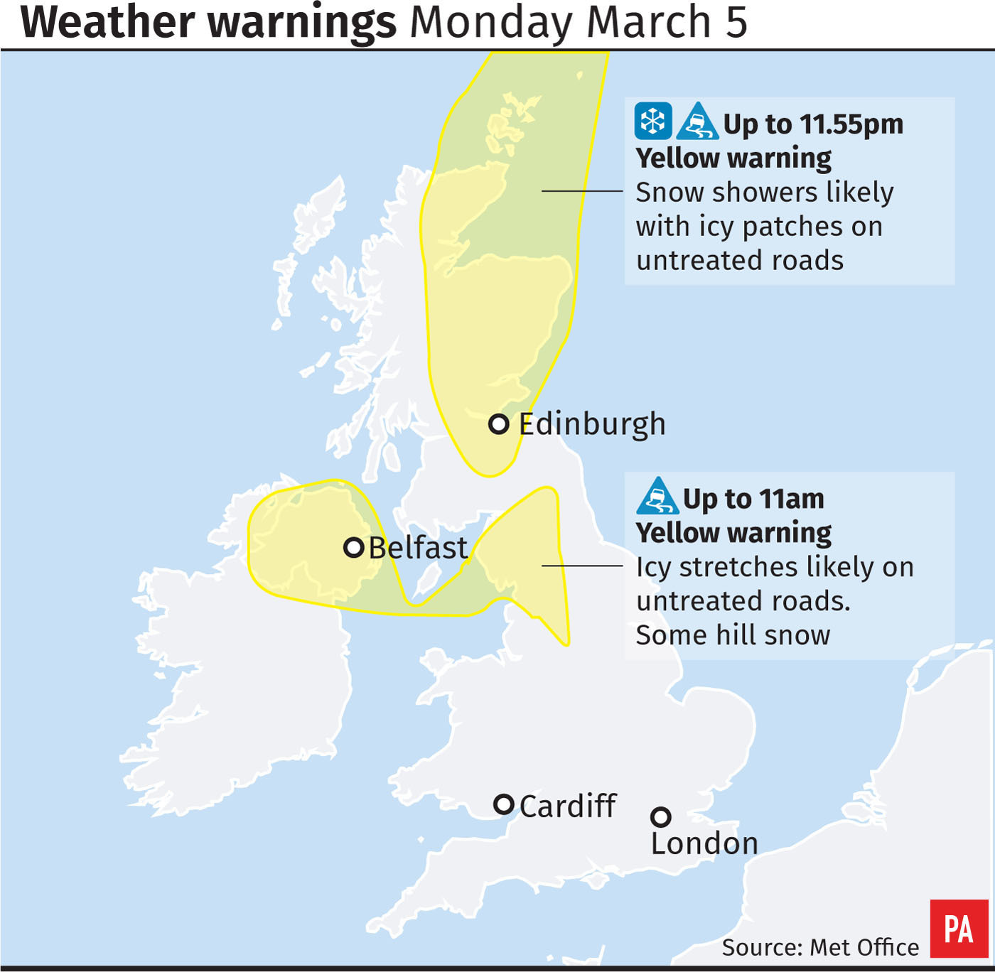 Weather warnings for snow and ice Monday March 5
