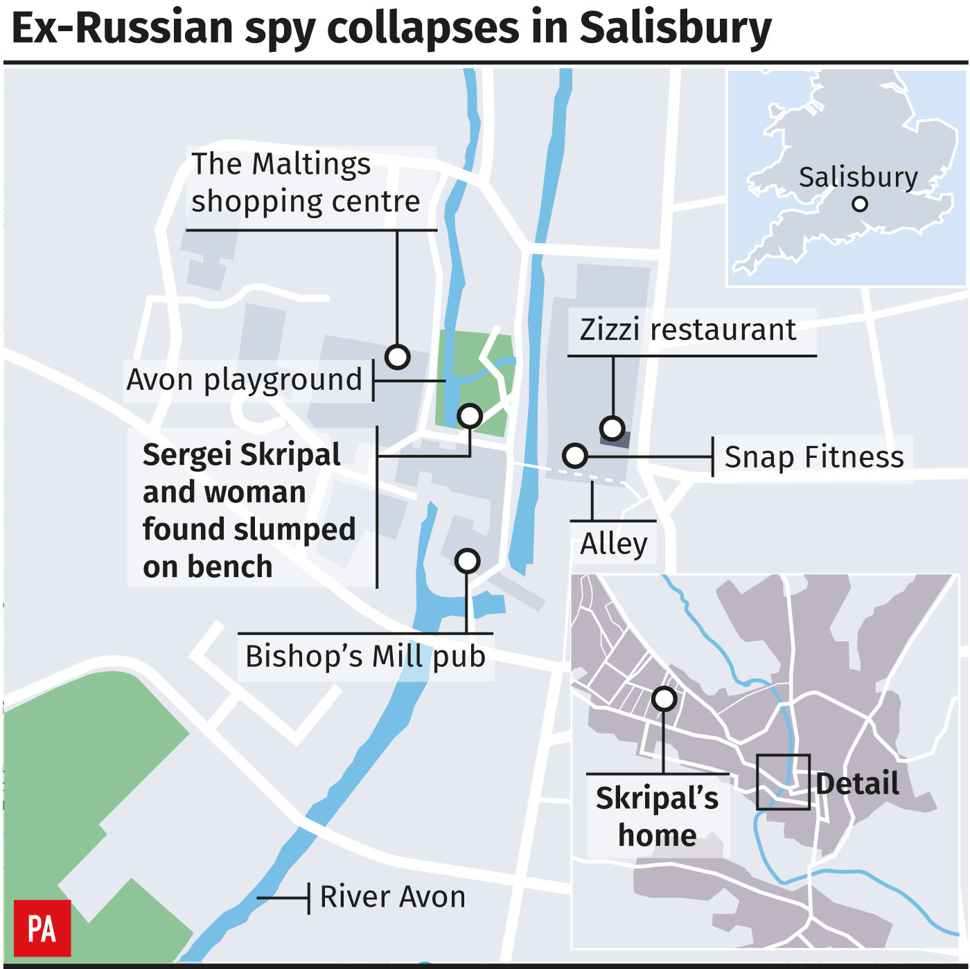 Ex-Russian spy collapses in Salisbury, graphic shows key locations