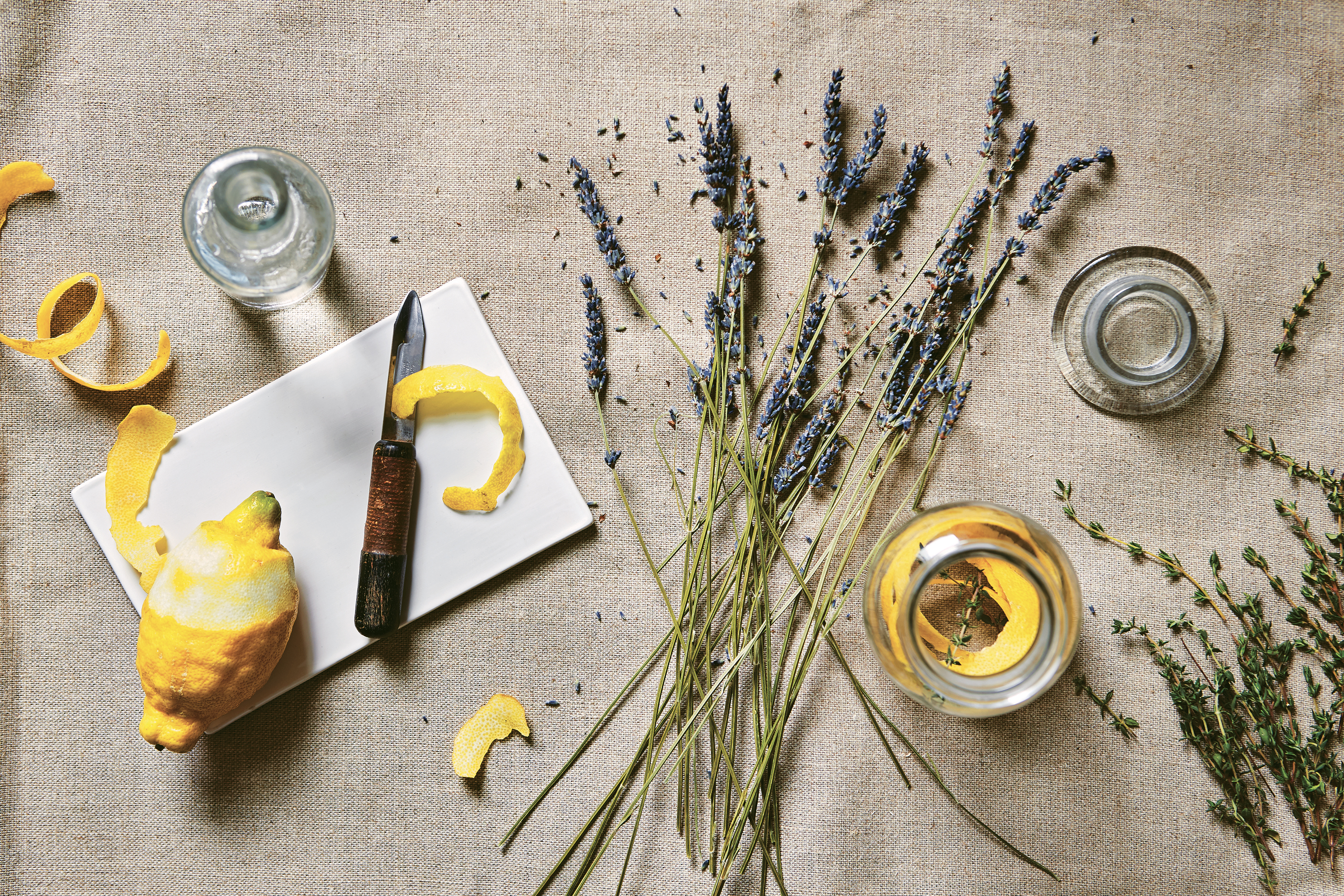 Ingredients for Lemon Lavender & Thyme Concentrate featured in Fresh Clean Home by Wendy Graham, photography Rachel Whiting, published by Pavilion, £12.99. (Rachel Whiting/Pavilion/PA)