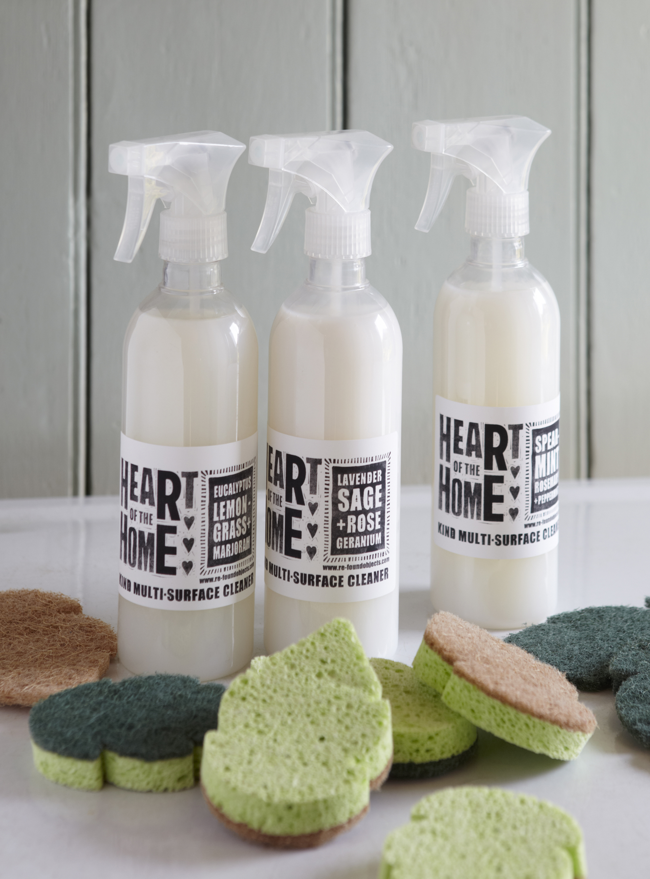 Heart Of The Home Eco Cleaner, 100% natural, vegan, biodegradable and hypo-allergenic. Available in three essential oil fragances: Spearmint Rosemary and Peppermint Lavender, Sage and Rose Geranium Eucalyptus, Lemongrass and Marjoram, from £8.50, Re For The Home (RE For The Home/PA)