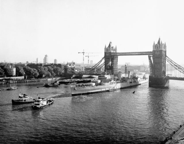 HMS Belfast was brought to its permanent mooring spot on the Thames and opened to the public in 1971 (IWM/PA)