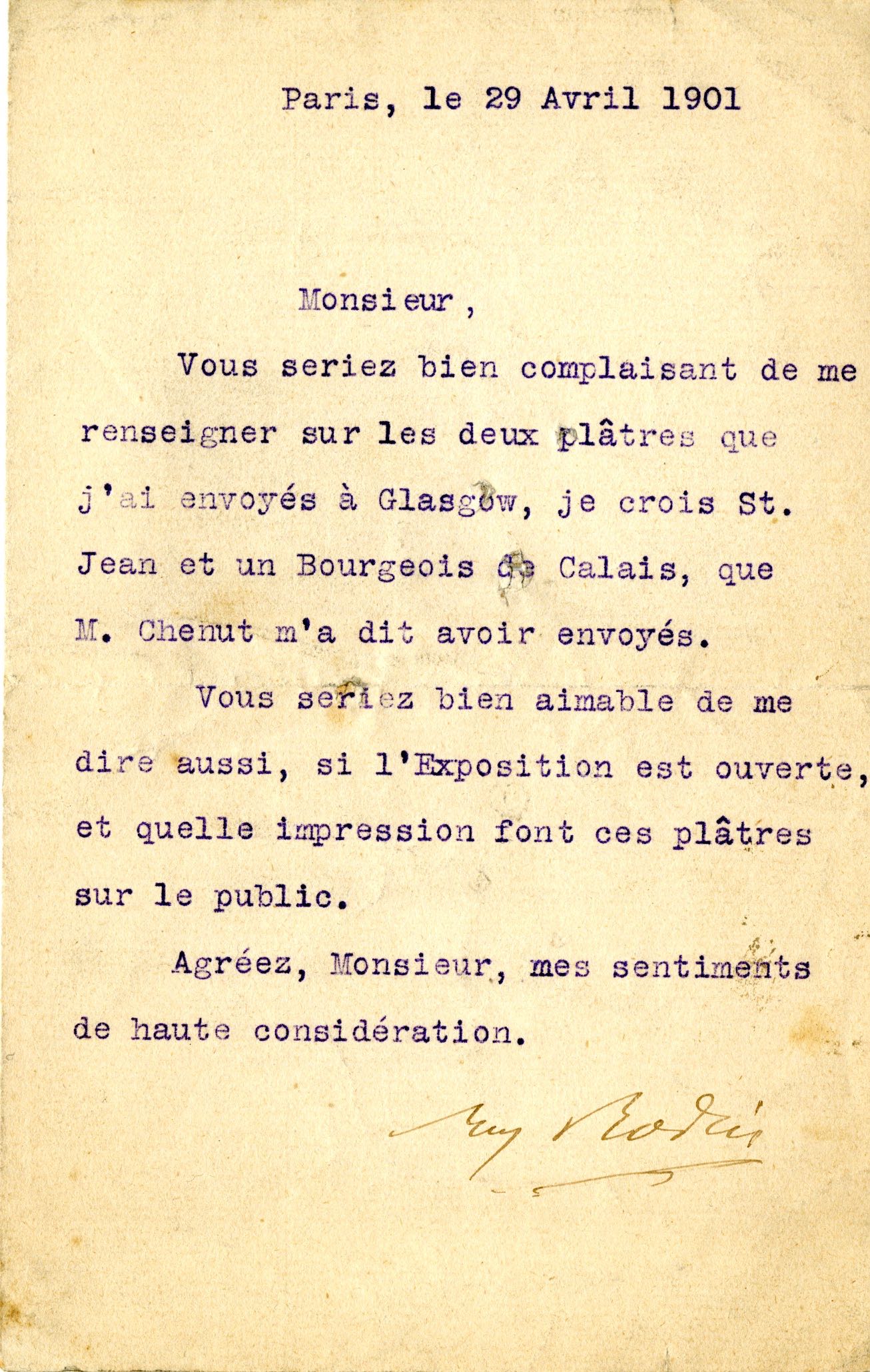 A letter from Auguste Rodin to Francis Newbery, dated 1901 (Glasgow School of Art Archives and Collections/PA)