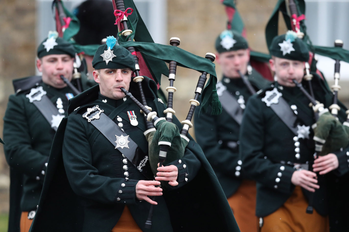 Irish Guards during the regiment's St Patrick's Day parade at Cavalry Barracks in Hounslow (Jonathan Brady/PA)