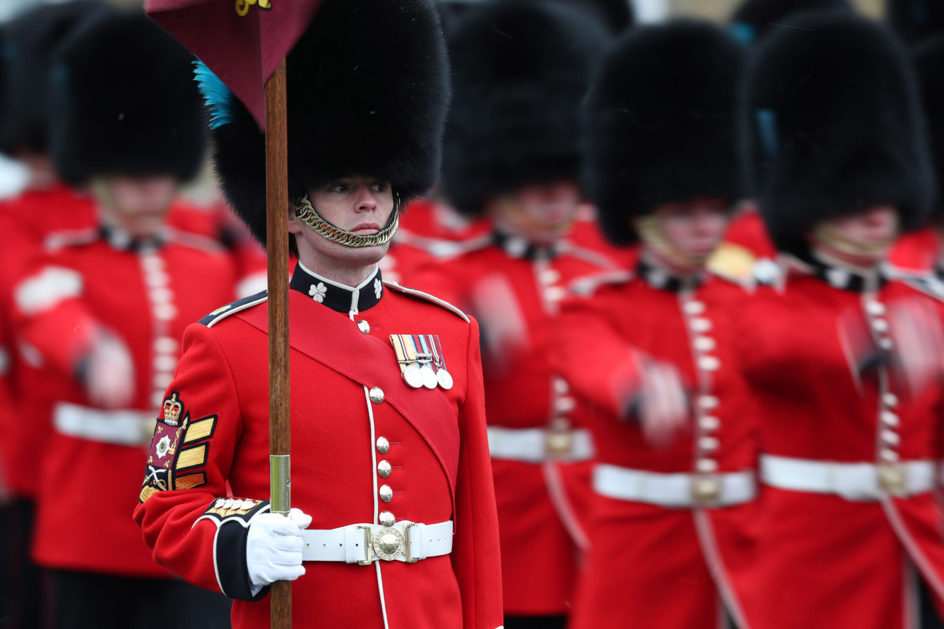 Irish Guards during the regiment's St Patrick's Day parade at Cavalry Barracks in Hounslow (Jonathan Brady/PA)