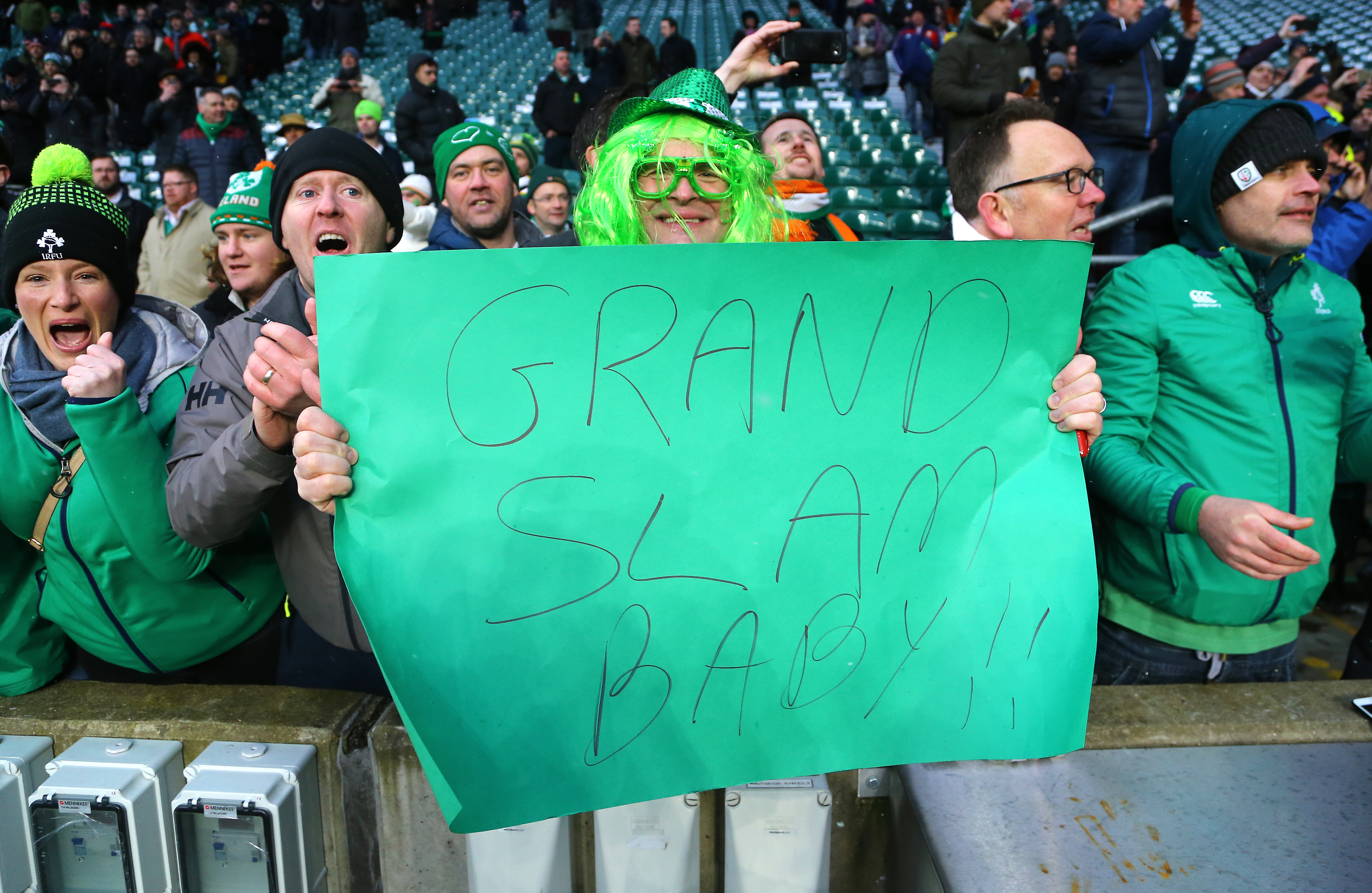 Fans hold up a sign celebrating Ireland's victory during the NatWest 6 Nations match at Twickenham Stadium, London