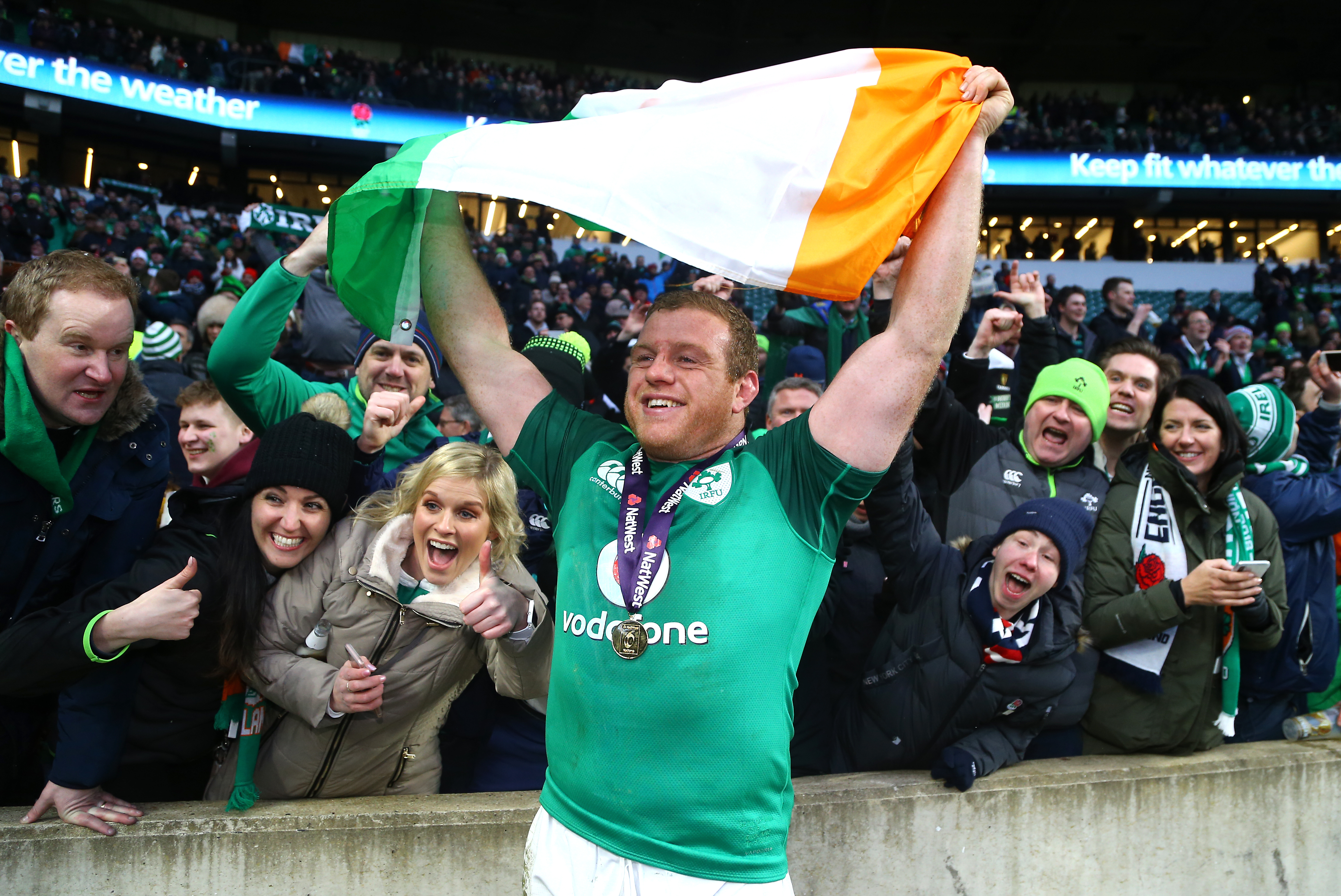 Ireland's Sean Cronin celebrates winning the grand slam during the NatWest 6 Nations match at Twickenham Stadium, London