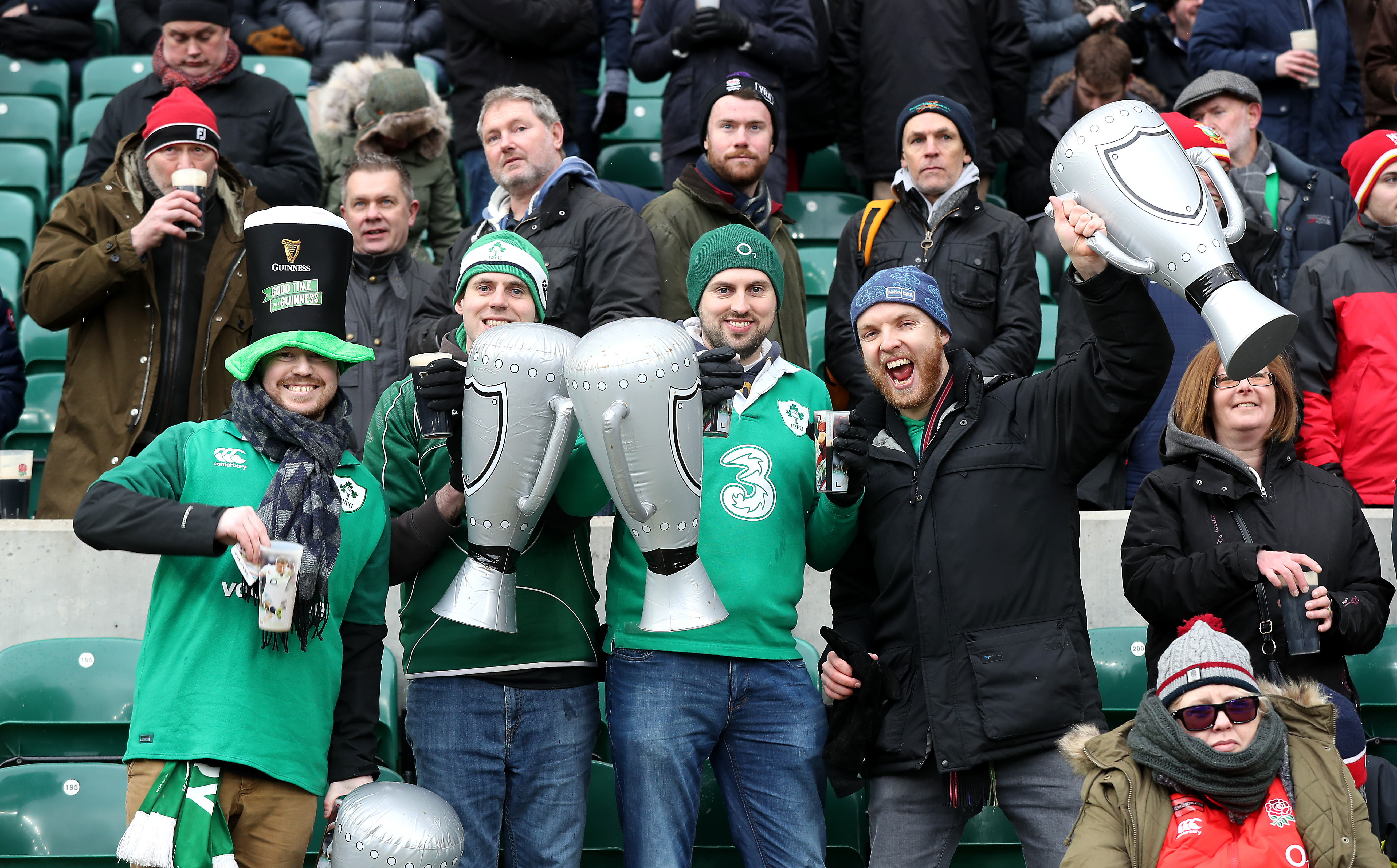 Ireland fans in the stands during the NatWest 6 Nations match at Twickenham Stadium, London