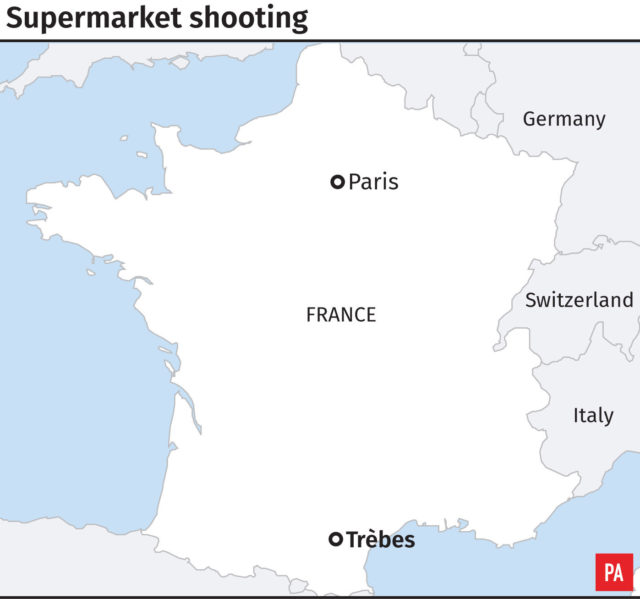 Graphic locates Trebes in southern France where a gunman is holding several people hostage