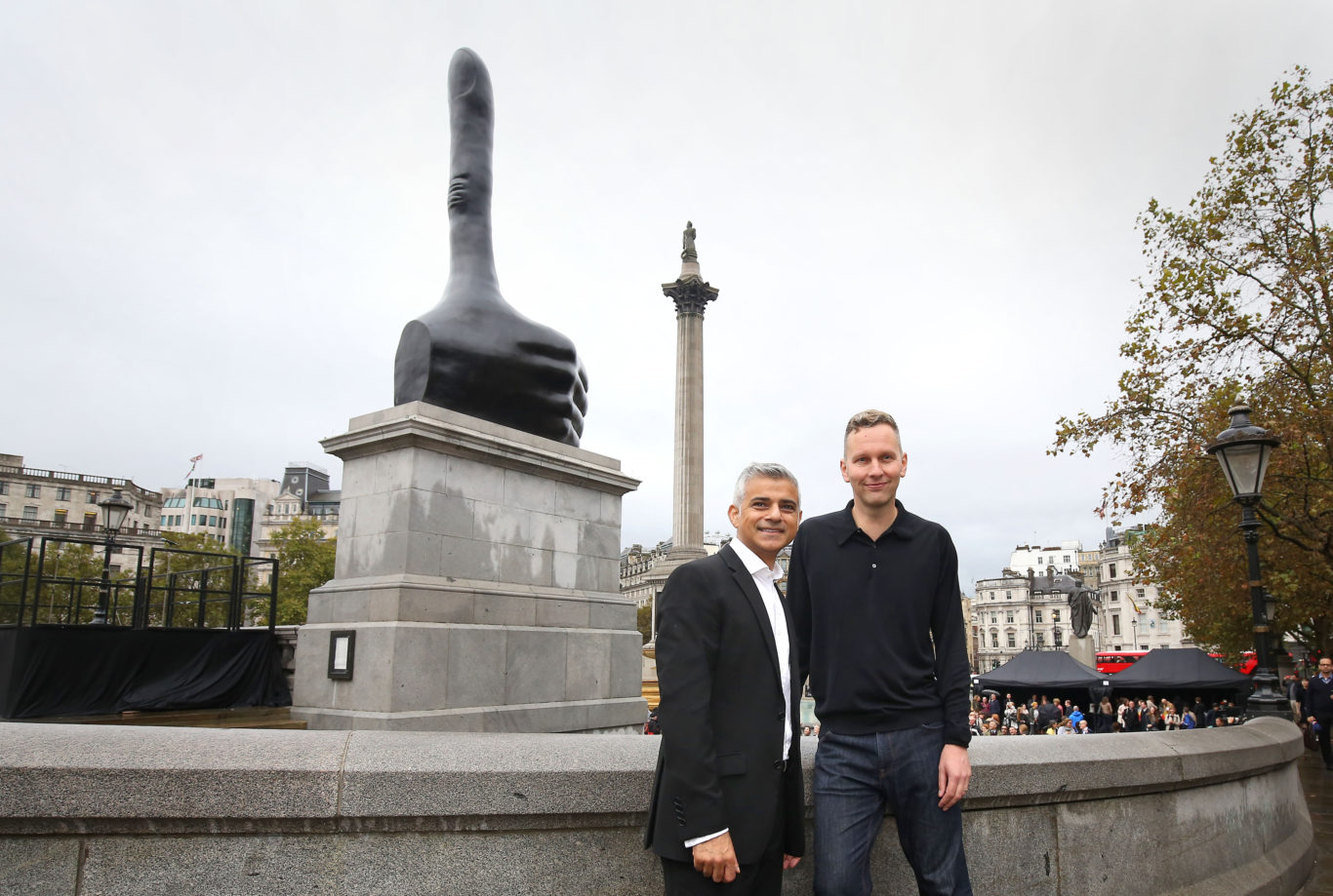 Mayor of London Sadiq Khan (left) with artist David Shrigley at the unveiling of Really Good in 2016 (Philip Toscano/PA)