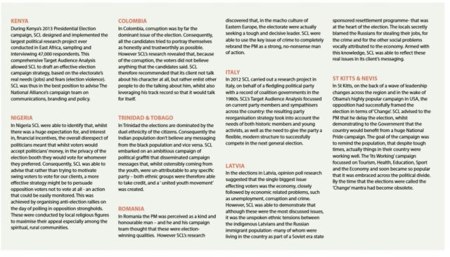 A page from the SCL Group documents, submitted by Cambridge Analytica whistleblower Christopher Wylie.