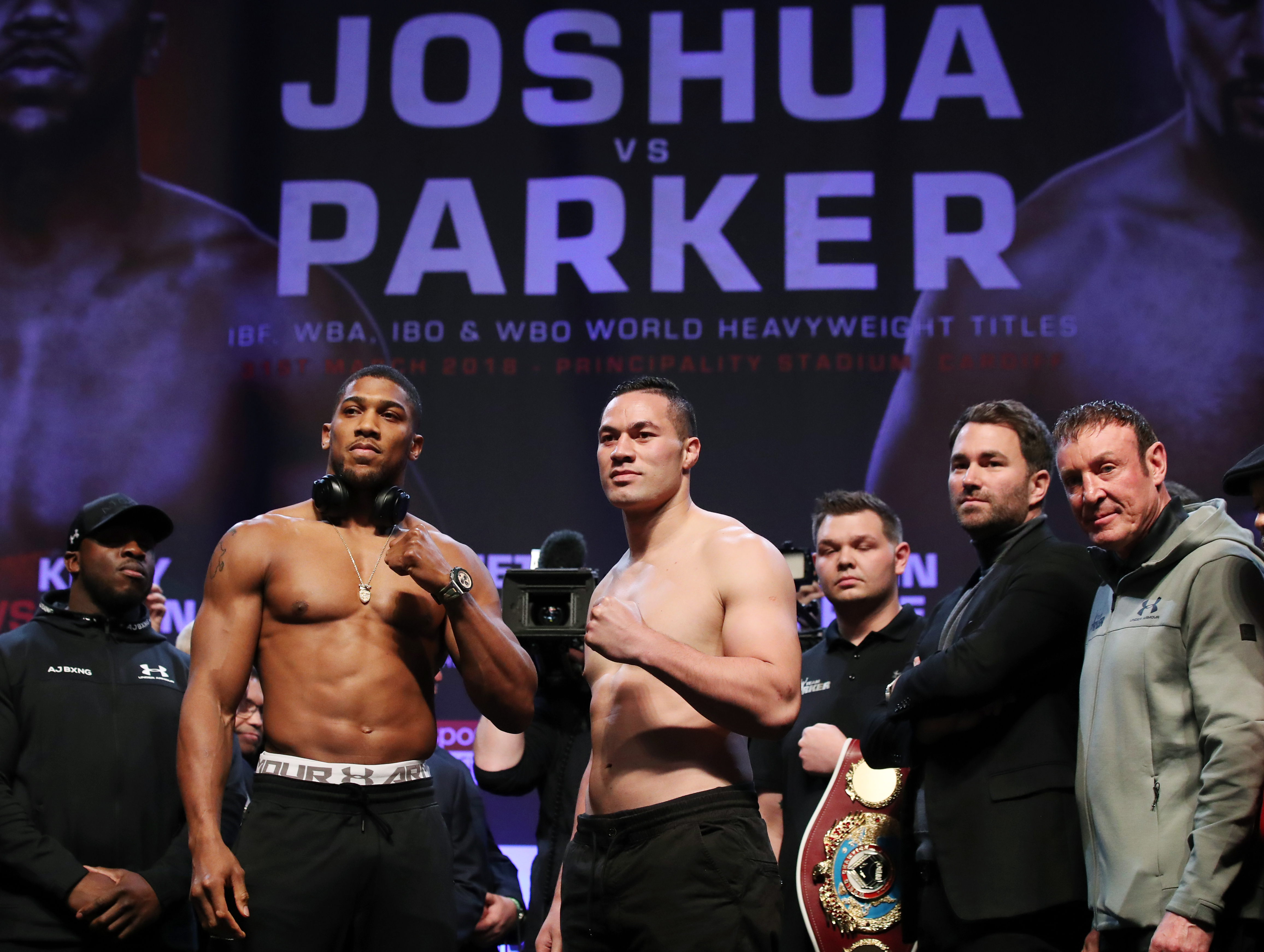 Anthony Joshua and Joseph Parker at the weigh in ahead of their title fight