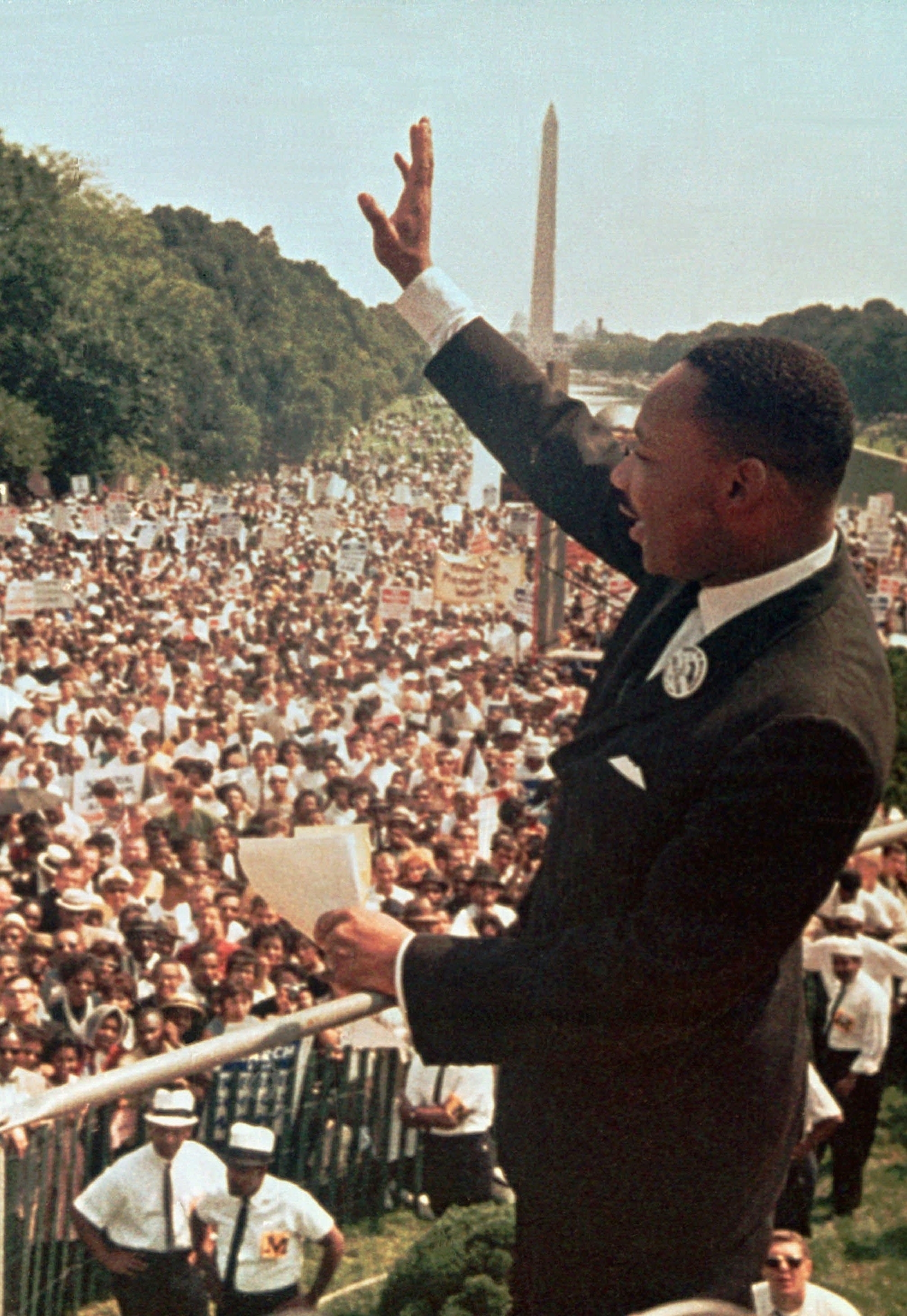 Dr Martin Luther King Jr acknowledges the crowd at the Lincoln Memorial for his I Have a Dream speech  (AP)