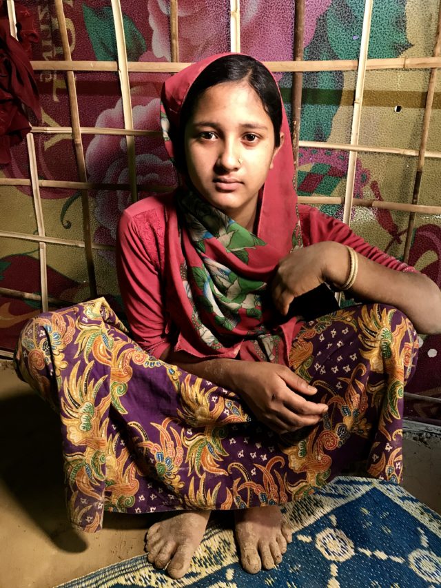 Sumaia Aktar, 15, in her tent in the Balukhali refugee camp, Cox’s Bazar (Federica de Caria/PA)